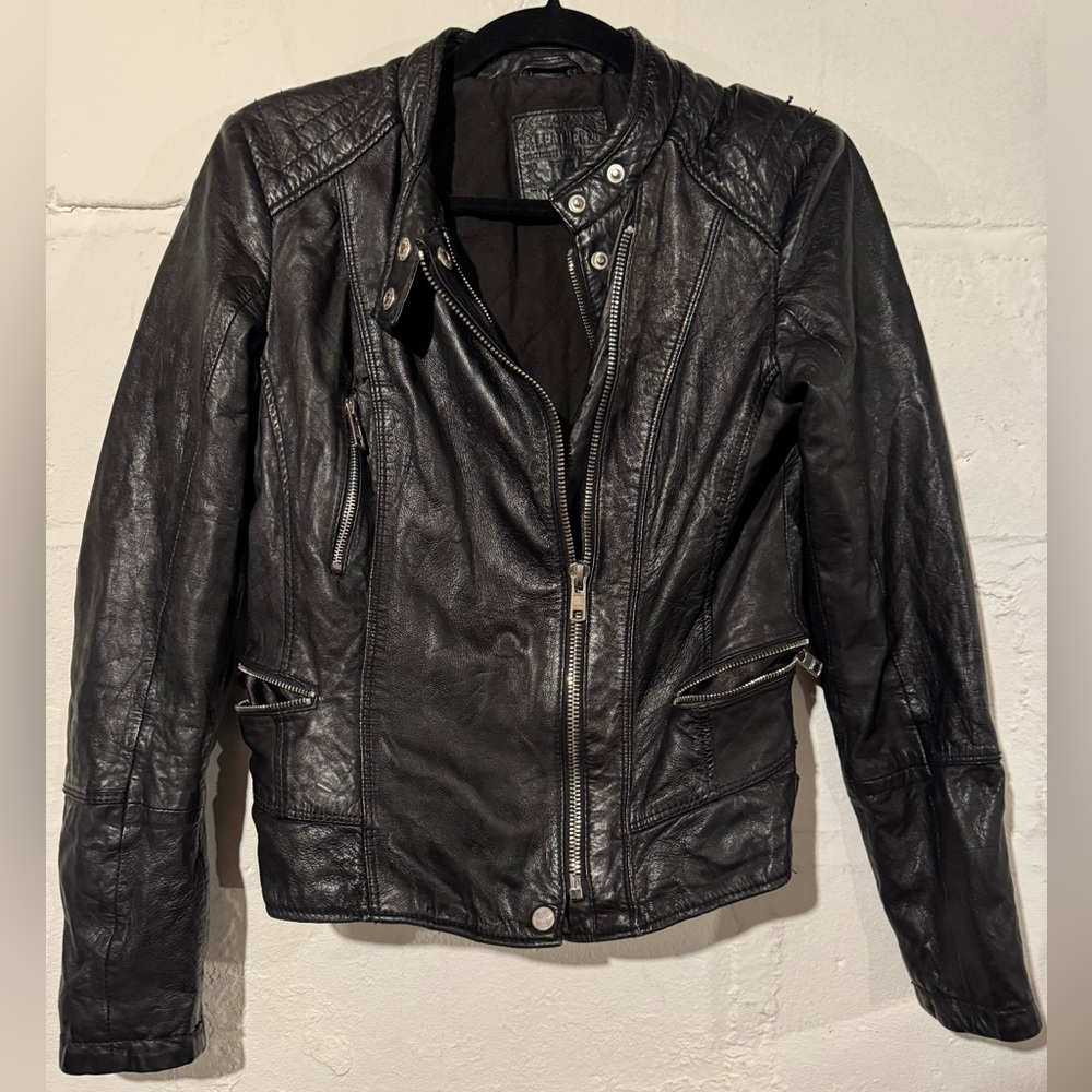 Bershka Black Leather Moto Jacket with Zip Details